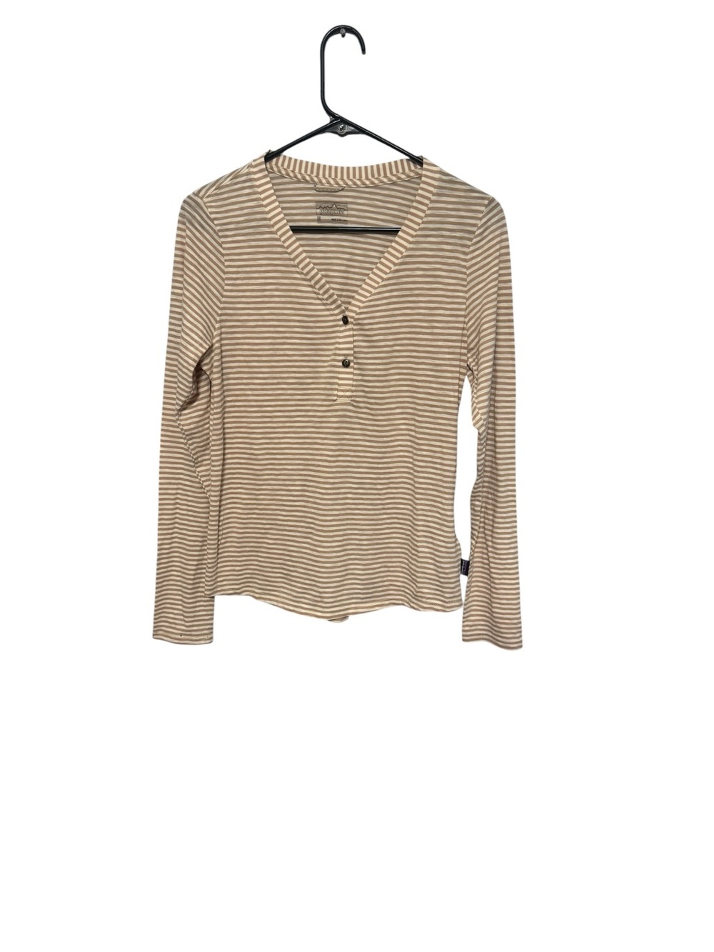 Patagonia Beige and White Striped Henley Long-Sleeve Top